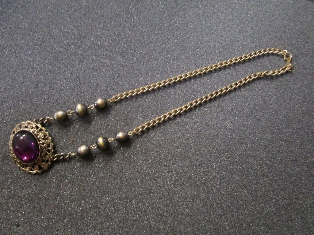 GP Necklace w/ Amethyst Stone Pendant: Gold plated Necklace w/ Amethyst Stone Pendant. Victorian look, 3 accent beads. Choker length of 10". Back has spider web design. Very nice condition.