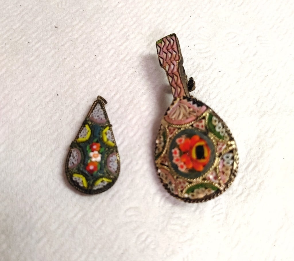 Antique Italy Guitar Pin & Small Pendant HP: Antique Italy Guitar Pin and Small Pendant. Both handpainted enamel. Gold plated. Both have floral designs. Pendant has small loop - opened at base, teardrop shape. Both patinated due to age. No chips