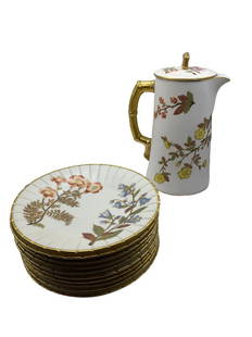 Royal Worcester Pitcher and Plates: Royal Worcester Blush Ivory Lidded Pitcher 9" tall 6" wide 1.6 lb 10 Plates 7" diameter 4.2 lb Combined weight for lot 5.8 lb. **Shipping on this item offered through, UPS (843) 203-3466