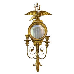Antique Federalist Carved Three Arrow Eagle Gilded Mirrored Wall Sconce: Amazing mirror. Convex Mirror. Measures 30"H, 13"W. Mirror measures 2” D. Weighs approximately 3 lbs, 4.6 oz. 6 pounds. Antique Federalist Carved Three Arrow Eagle Gilded Mirrored Wall Sconce.