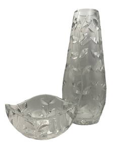 Tiffany & Co. x Josef Riedel Crystal Bowl and Vase: Tiffany & Co. x Josef Riedel Crystal Bowl. Features a gently rolling wavy edge and cut floral leaf design, with vines climbing the side of the bowl. Bowl is marked on the bottom with Riedel's etched