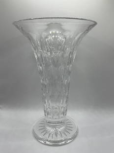 William Yeoward Crystal Vase: Art Deco crystal dramatically handout with fabulous facets and hand blown by master artisans, Measures 9.75"H, 6.5"W (across the top), 4.75"W (across the bottom). No chips or cracks. Weighs 3 lb, 6.6