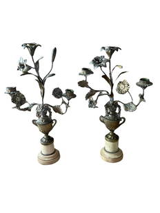 Antique French Bronze and Brass Flowers on Marble Base: Pair of Antique French Bronze and Brass Flowers With Stone Base. Measures roughly 16.5" tall and 10" across. Total lot weighs 7 lbs 13.4 oz. **Shipping on this item offered through, UPS (843)