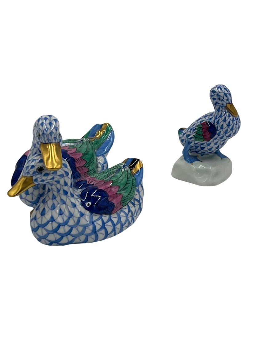 Herend Hungary Hand Painted Porcelain Ducks with 24K Gold Accents, Blue Fish Scale Pattern (1 of 7)