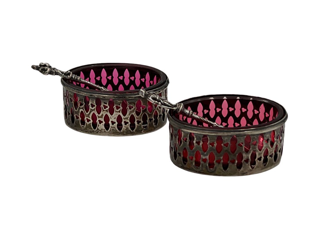 Sterling Silver and Cranberry Glass Salt Cellars with Sterling Silver Spoons (1 of 7)
