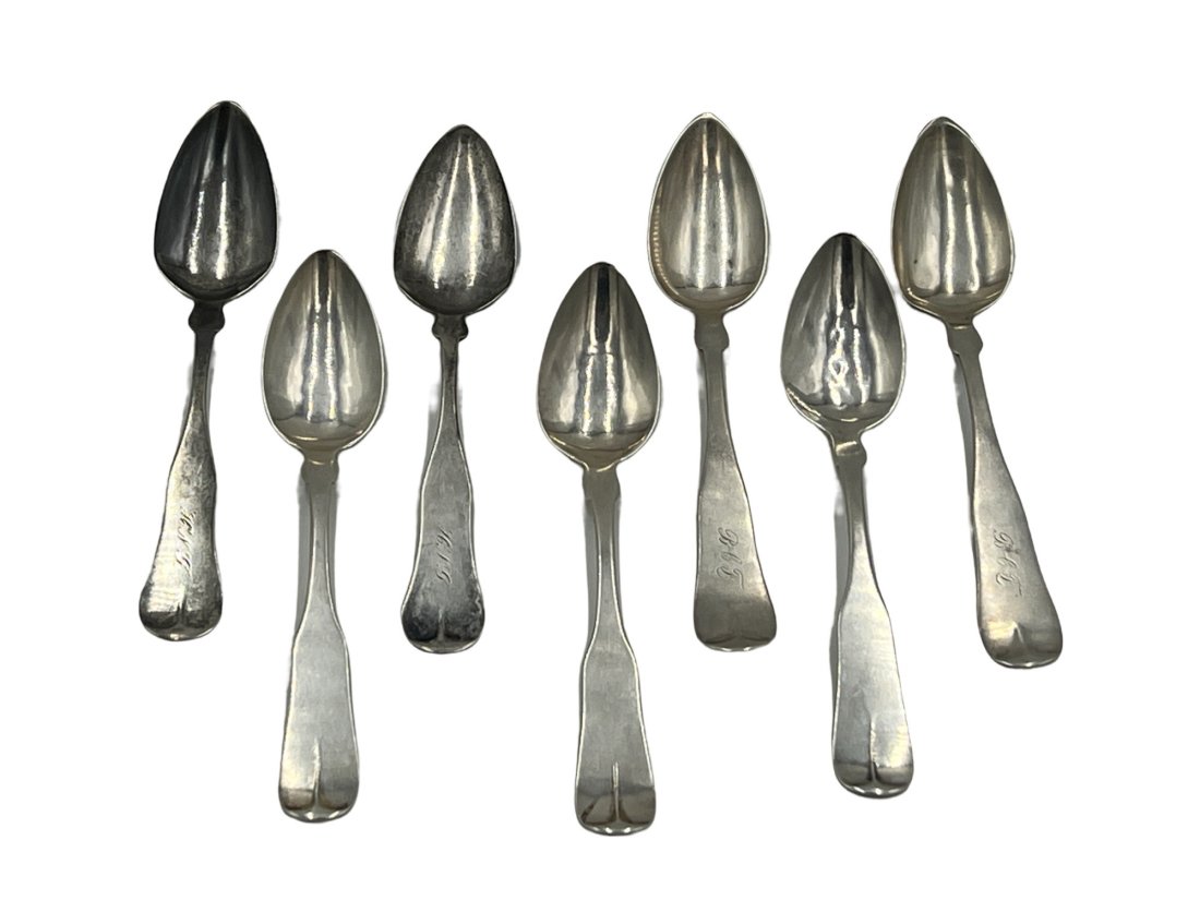 1800s Colonial American Mixed set of  7 Fiddle Thread Coin Silver Spoons (1 of 10)