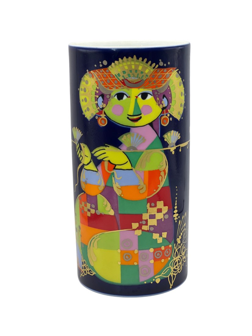 Bjorn Wiinblad for Rosenthal Germany Vase: Beautifully painted porcelain vase, design by Bjorn Wiinblad, for Rosenthal Germany. It is 7.25 inches tall, and 3.5 inches wide. It weighs 18.4 ounces. **Shipping on this item offered through, UPS (8