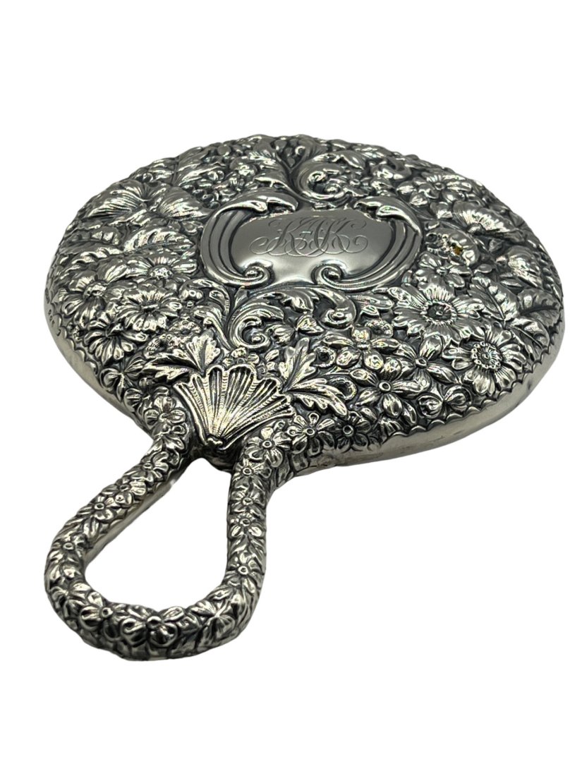Gorham Antique Sterling Silver Floral Repousse Hand Mirror (1 of 8)