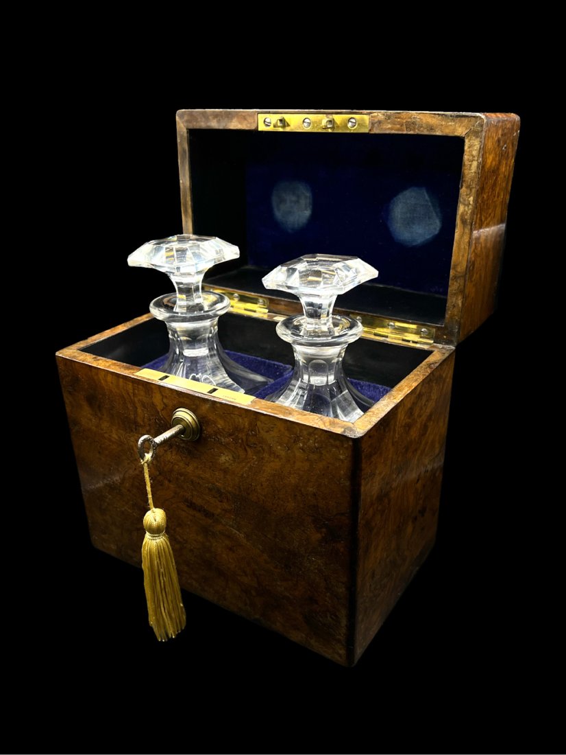 Antique Decanter Box with Bramah London Lock and Original Key, Baccarat Crystal Decanters (1 of 20)