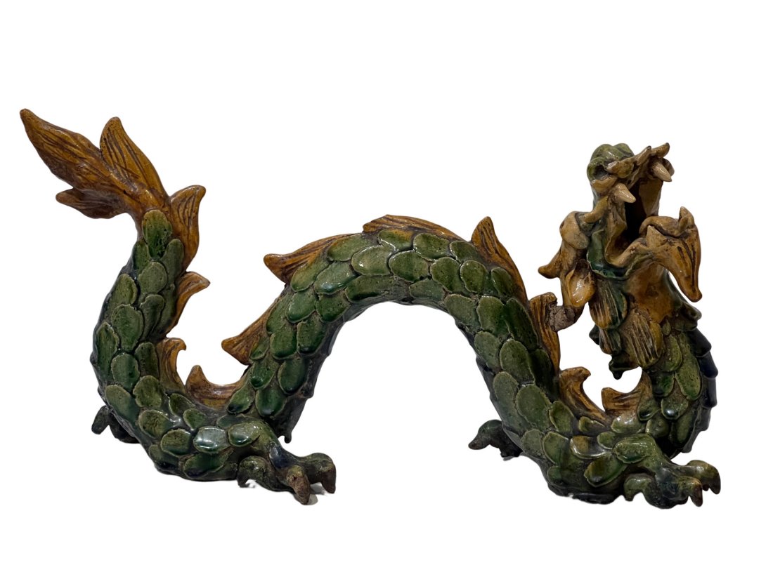 Asian Antique Earthenware Dragon Figurine with Green Glaze antique asian Roof Tile (1 of 16)