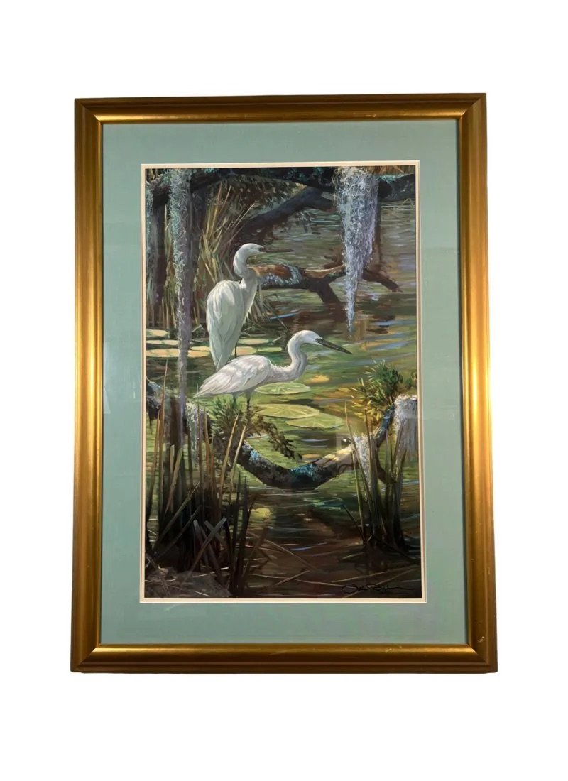 John Carrol Doyle Signed Print "Cool Water Flat": Gold frame with double matting and print under glass. Measurements with frame: 44”H x 32”W. Measurements without frame: At least 33”H x 21”W Weighs around 20 pounds **SHIPPING