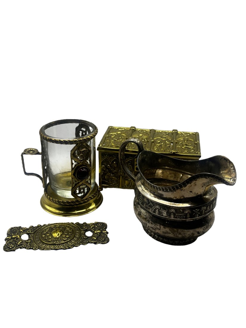 Lot Of Antiques From Charleston Estate: Antiques from Grimball Charleston Estate. 1) Antique French revival 1880s gothic cast bronze jewlry casket trinket box - measurements: 6"x4"x3". 2) Vintage gold metal decorative dresser ornament. Mold