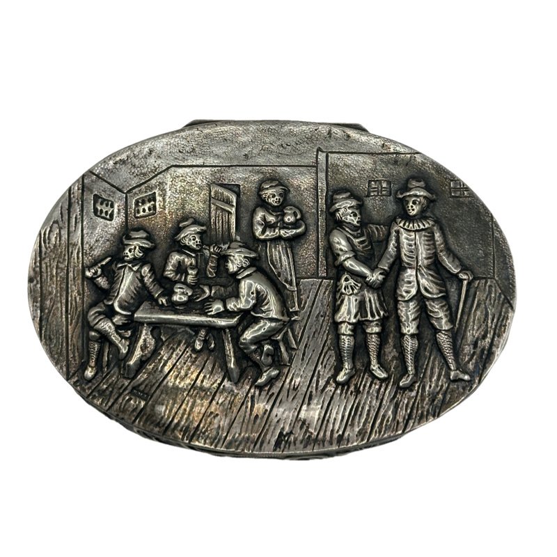 Antique Sterling Silver Repousse Snuff box/ Trinket box marked Boaz Moses Landeck: Vintage repousse snuff box with tavern scene and gilt interior. This is marked on the base marked Boaz Moses Landeck. 4.5"L x 3.2" W x1" H **SHIPPING on this item offered through in house