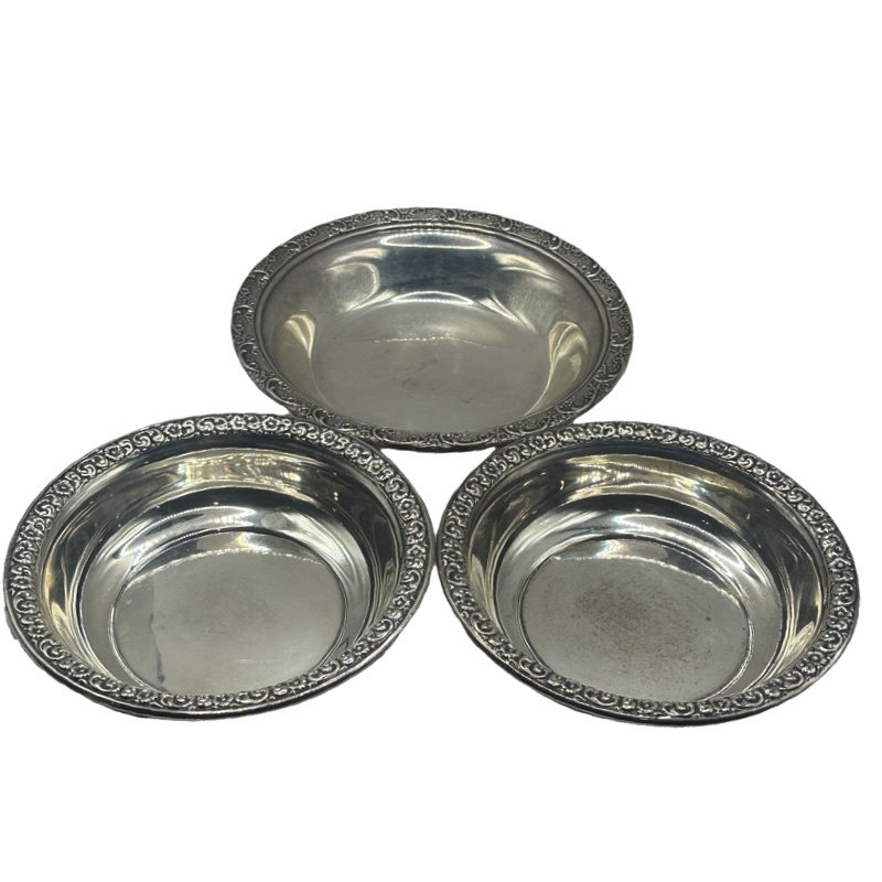 Three Sterling Silver bowls, Two by Wallace No. 113, One Reed and Barton No 530, Dancing Flowers: This lot includes 3 beautiful sterling silver small bowls Two small bowls with floral and scroll decoration at the rim stamped "Wallace Sterling 113" on the underside, 5.5"Dx1.2" H 1950 Sterling Silve