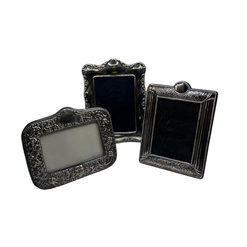 Antique Two Sterling and One Silver Plate Picture Frames: 1) Vintage Jr 925 Sterling Silver 7 1/4" H x5 1/4" L 2) Sterling Silver Photo Frame Hallmarked London 7"L x 5.7"W 3) Richard Carr EPNS Electroplated Sheffield England 8"H x5 1/4"L **SHIPPING on this i