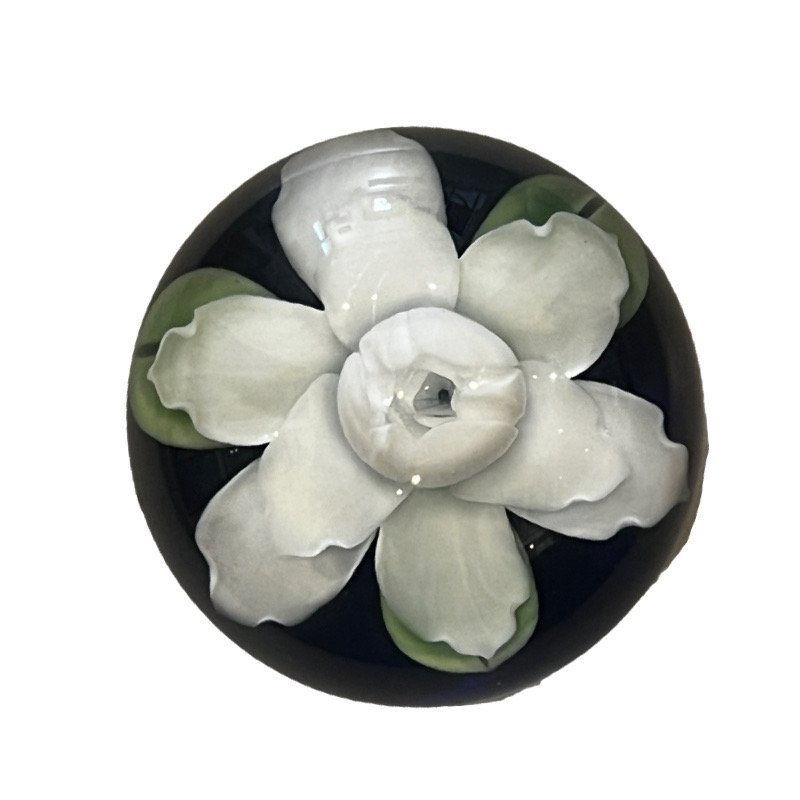 Daniel Salazar White Gardenia Flower Art Glass Paperweight: This is a very stunning art glass paperweight by Daniel Salazar from Lundberg Studios. This piece is the 'White Gardenia' flower paperweight 11.5" Circumference height:4" weight 2.2 pounds Dated 1977.