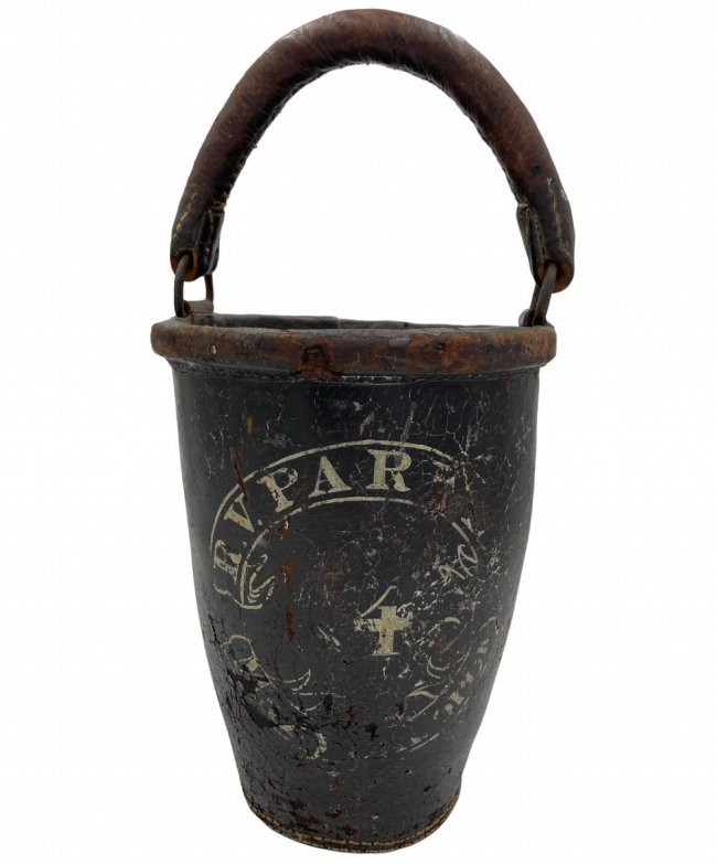 Antique Leather Fire Bucket: This 19th century leather fire bucket is a beautiful antique. It is all leather, with metal rings attaching the leather handle. There is hand painted lettering, though some has worn off due to age. Me