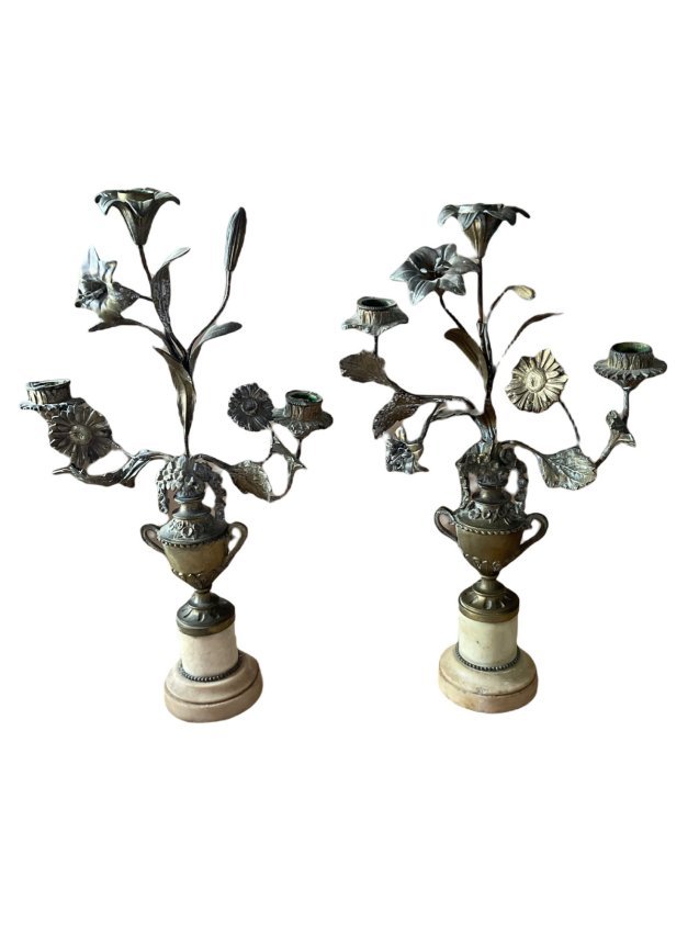 Antique Candle Stick, French Bronze And Brass Flowers On Marble Base: Pair of Antique French Bronze and Brass Flowers With Stone Base. Measures roughly 16.5" tall and 10" across. Total lot weighs 7 lbs 13.4 oz. **SHIPPING on this item offered through, UPS 843-203-3466- 