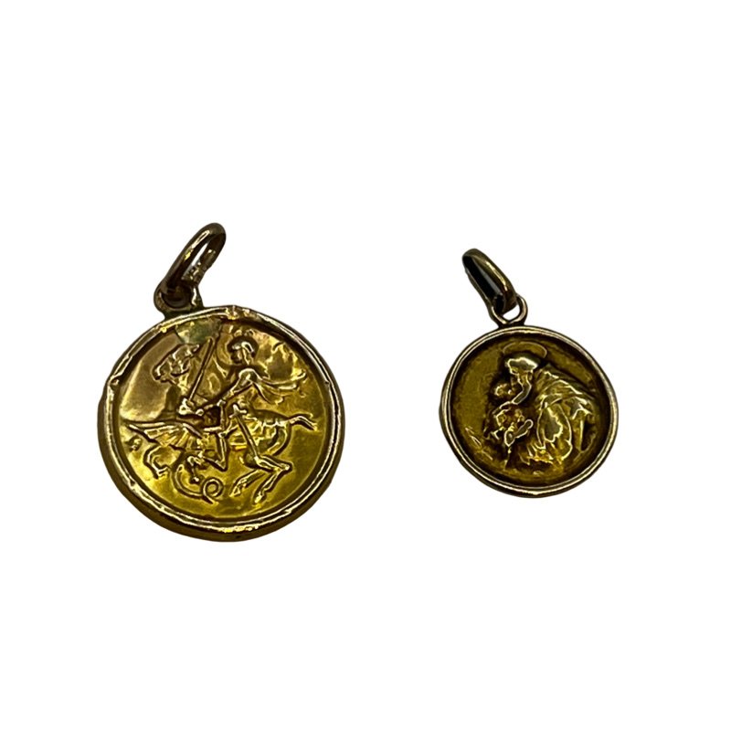 Saint Christopher and Saint George 10k Gold Pendants/Charms: Saint Christopher and Saint George 10k gold pendants/charms. Weighing 0.6 grams. **SHIPPING on this item offered through in house