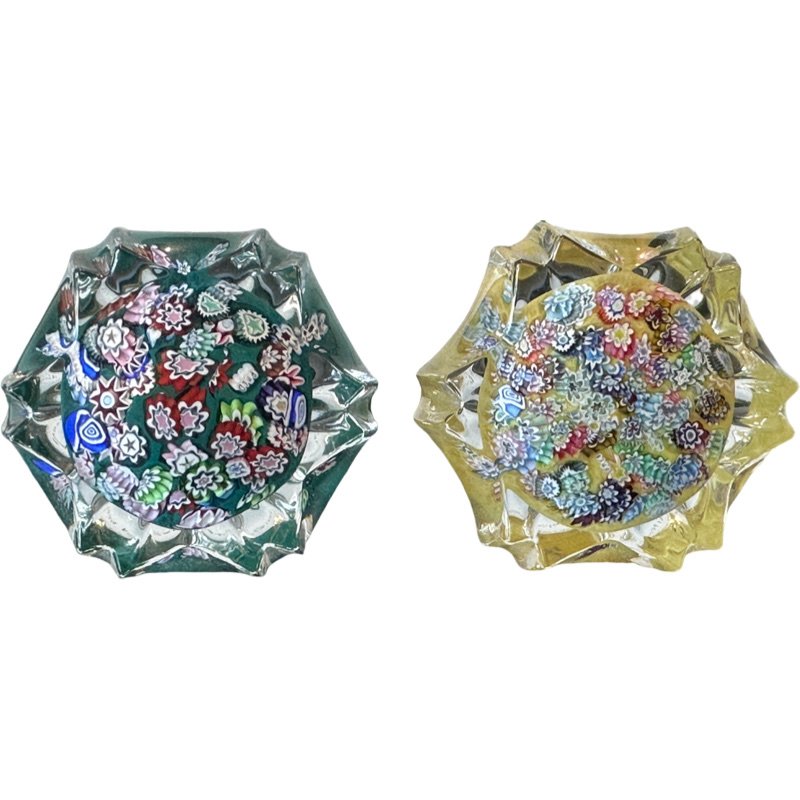 Two Peter McDougall Star Cut Millifiore paperweight labeled Scotland PMCD: Two beautiful marked Peter McDougall Star cut paperweights yellow:1 3/4"W x1 1/4"H blue: 3/4"W x1 1/4"H Lot weight:0.7 **SHIPPING on this item offered through, in house shipping!