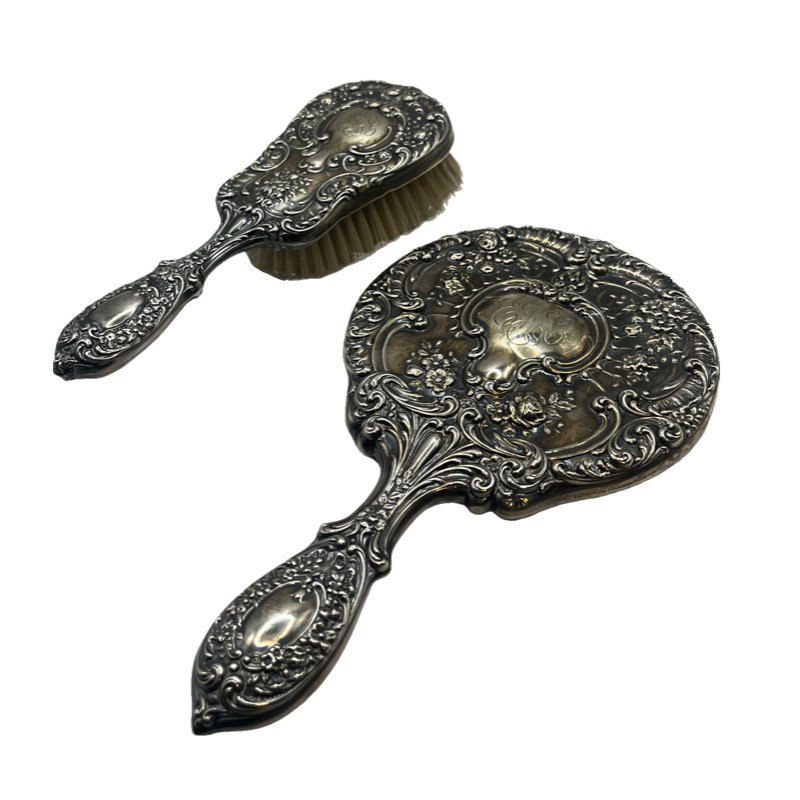 Antique Gorham Mono Sterling Silver Hairbrush and Hand Vanity Mirror Buttercup Pattern: Stunning Monogrammed Gorham sterling silver hairbrush and hand vanity mirror set. In buttercup pattern. Weighing out to 1lb 0.2oz. **SHIPPING on this item offered through in house
