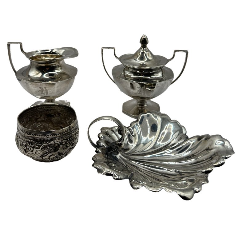 Sterling Cream, Sugar, Leaf-Form Dish & Peruvian Cup: Sterling Silver Cream and Sugar, Leaf-Form Dish and Peruvian Cup, comprising a pair of A. M. Soffel Co. Sterling monogramed cream and sugar (marked 'Sterling, 105' on underside), a Weidlich Sterling l