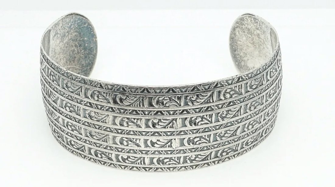 Antique Art Deco Etched Sterling Silver Cuff Bracelet: A beautiful thin and flexible sterling silver cuff bracelet. Measurements provided in photos. **SHIPPING on this item offered through in house shipping