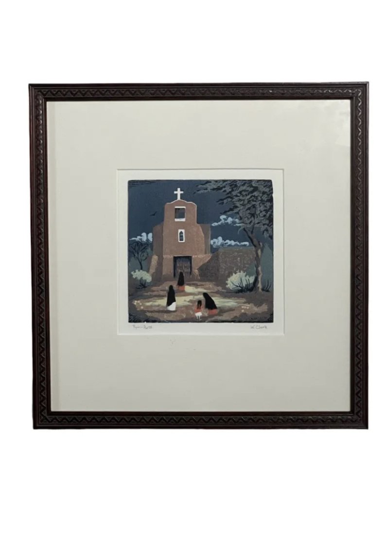 San Miguel Mission by Willard Clark: Willard Clark was a Santa Fe artist. He grew up in Argentina and studied art during the summers in New York City at Grand Central Station Art School and the Hawthorne Art Academy. Willard Clark develo