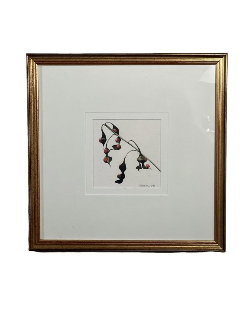 Coral Bean by Charleston Artist James R Gensmer: Double matted, framed in gold frame. Charleston, South Carolina artist. Measurements: with frame- 14.25' H x 14.25" Without frame- 5" H x 5". Weight: 2 lb. A portion of the proceeds from Lots 1-40 are