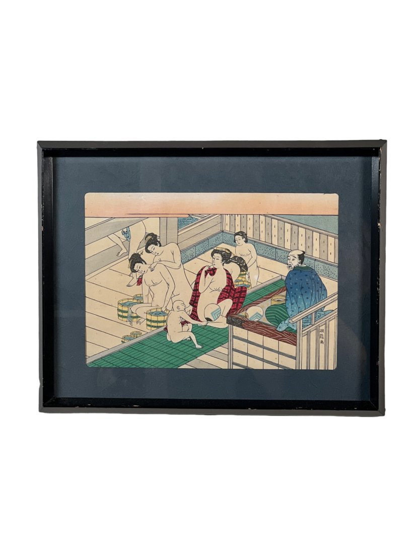 Isoda Koryusai Woodblock Bath House: Geisha bath, Japanese woodblock print with women and children in public bath house. Artist: Isoda KoryusaiTitle: Bath House. Date: circa 1770. Medium: woodblock. Measurement with frame: 10 1/2" H x 13