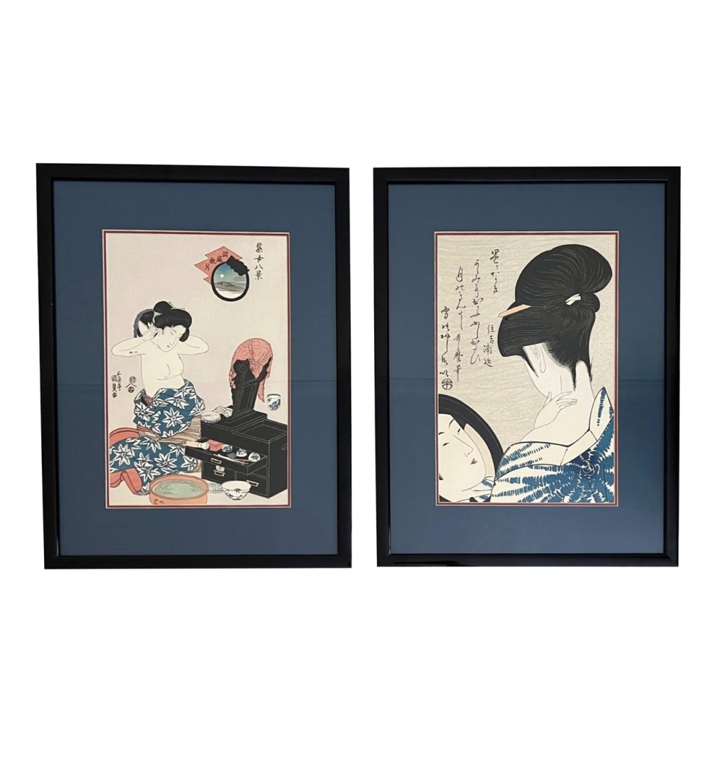 Vintage Japanese Prints by Utagawa Kunisada and Kitagawa Utamaro In Black Lacquer Frames (1 of 9)
