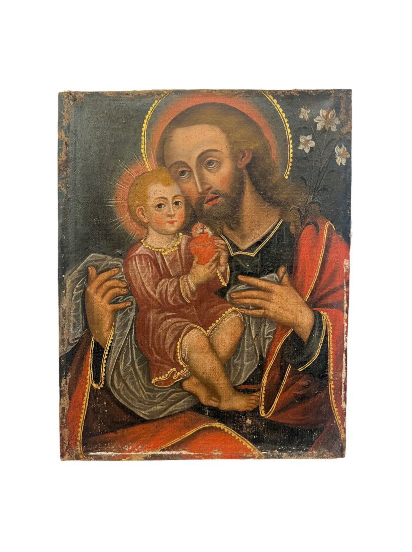 Antique Saint Joseph with Child Oil On Canvas (1 of 4)