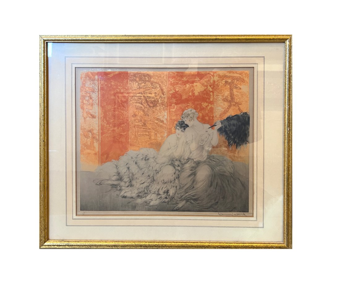 Louis Icart Etching "Mockery": Signed Louis Icart Etching "Mockery" 1939. Beautiful frame with hand painted lines on the Matte. Measurements with frame: 23.5' x 27' Measurement without frame roughly: 16' x 19'**SHIPPING on this ite