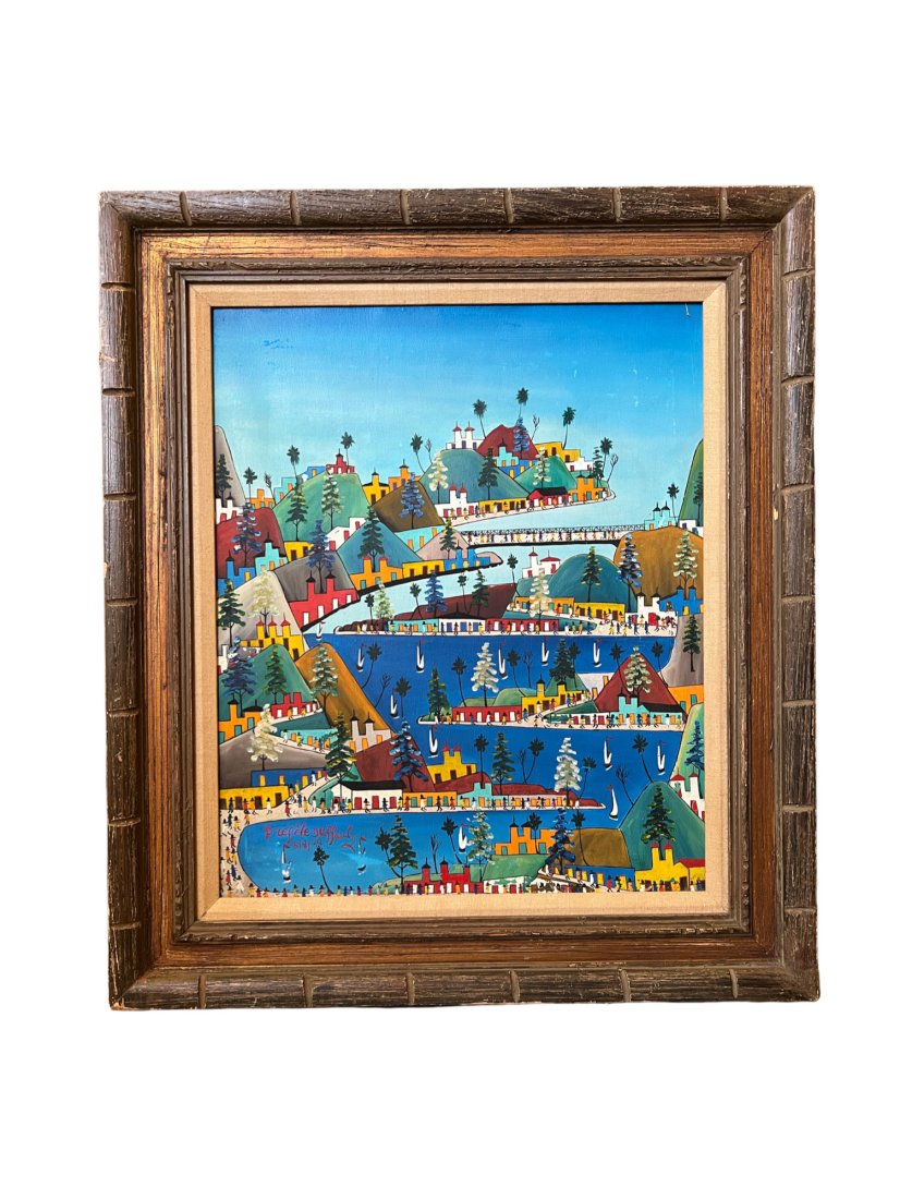 Prefete Duffaut Oil on Canvas 1984: Prefete Duffaut was a Haitian painter who was born in 1923.Their work was currently being shown at Tampa Museum of Art. Numerous key galleries and museums such as El Museo del Barrio have featured Pre