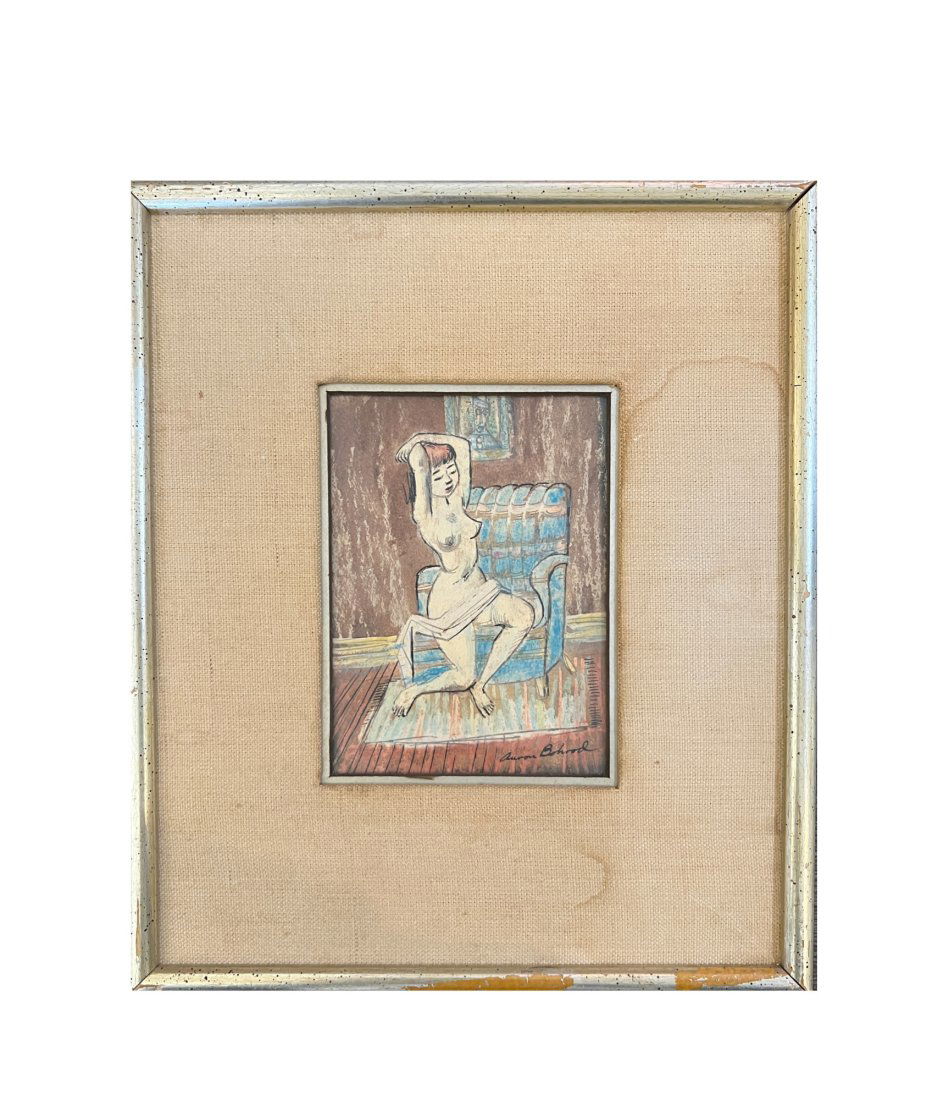 Aaron Bohrod Untitled Seated Nude Painting: Circa 1950. Ink and watercolor on card. Signed in lower right. Measurements with frame: 10 x 8.5 Measurements without frame roughly: 5 x 3.75.**SHIPPING on this item offered through, UPS (843) 856-909