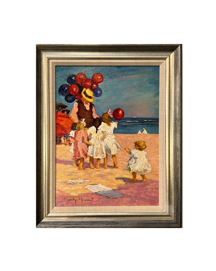 Original Oil painting by Marilyn Guerinot "Ballons": An original oil painting framed in a beautiful silver frame with linen matte on canvas Balloons by well listed Texas artist Marilyn Guerinot (20th century). This Impressionistic painting depicts a gro