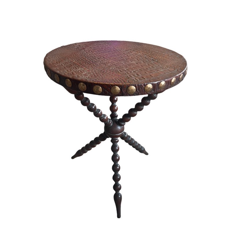 Scottish/gypsy crossed bobbin leg round side table with leather top (1 of 4)