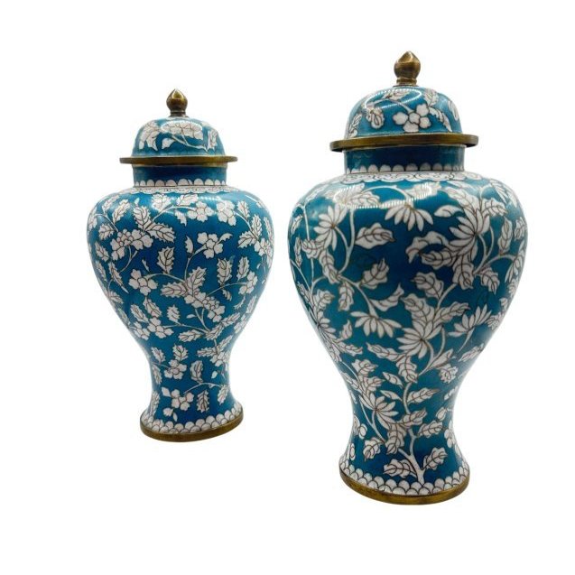 Pair Blue and White Cloisonne Vase With Lid: This stunning blue and white Cloisonne vase with lid is a true work of art. It features intricate details and a beautiful design that will add a touch of elegance to any room. Crafted from high-qualit