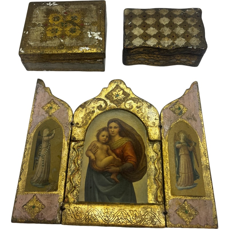 Vintage Triptych Raphael Sistine Madonna with Two Italian Florentine Boxes (1 of 13)