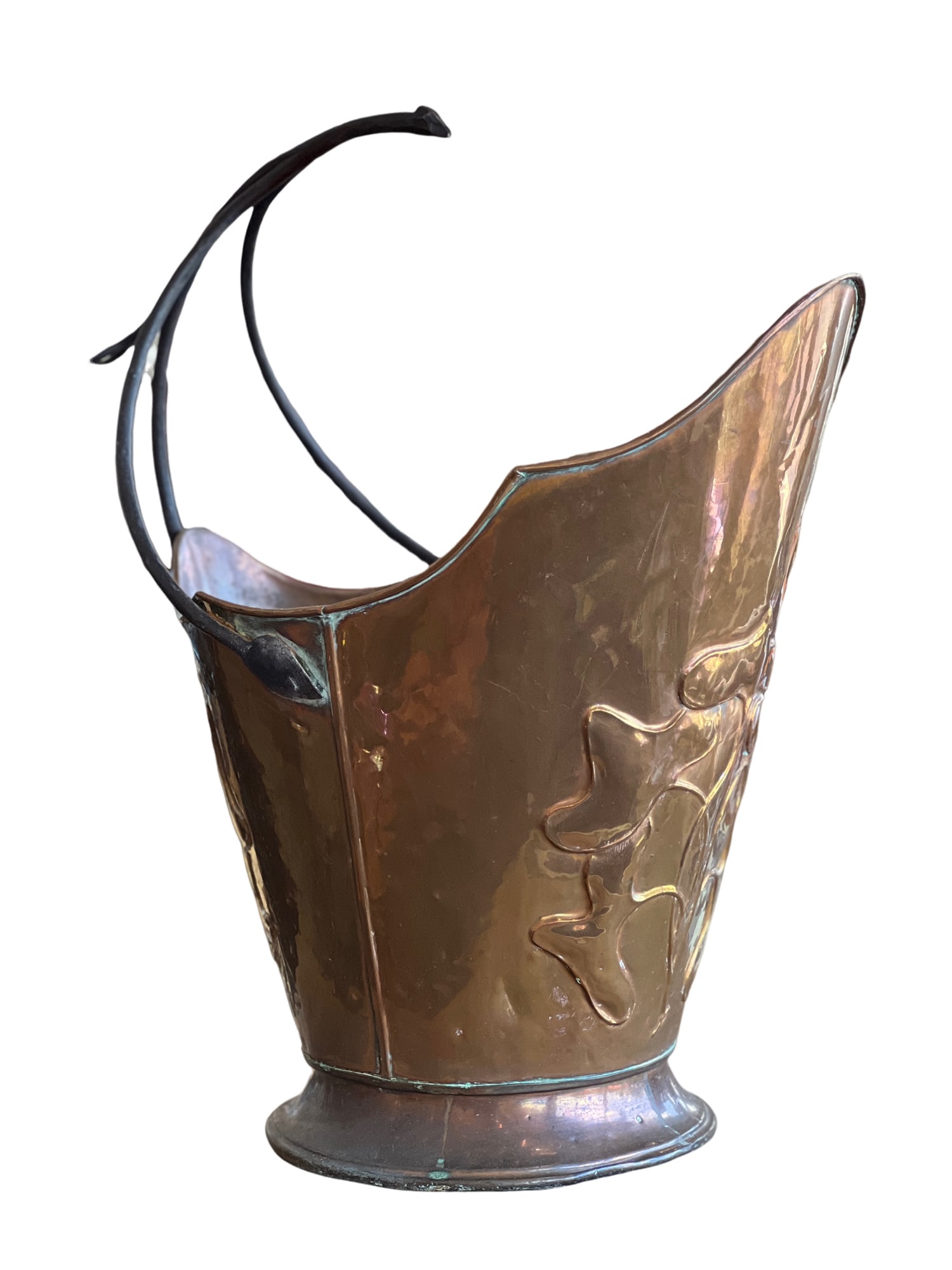 Victorian Antique Embossed Copper Coal Scuttle, Fireside Bucket: An Antique Copper Coal Scuttle or Fireside Bucket. Embossed, with incredible details. Handle is an attractive, unique shape Measures roughly: 18" x 11" across top, 18"H top of bucket, 22" highest poin