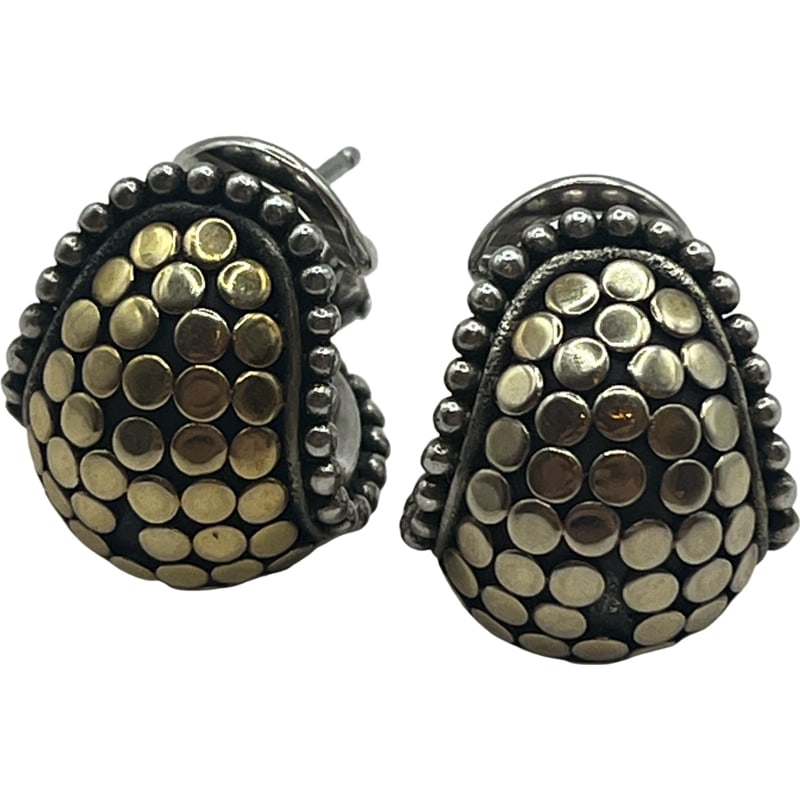 John Hardy 18K and Sterling Silver “Dot” Earrings: John Hardy “Dot” earrings. 18k and sterling silver. Measurements roughly: 17.12mm height. 14.56mm width. Total weight: 16.2 grams **IN HOUSE SHIPPING offered on this lot