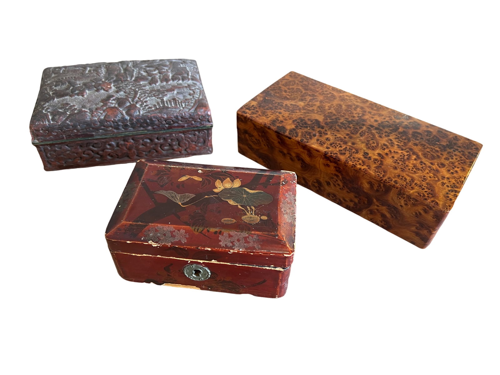Vintage/Antique Box Lot including Burlwood, Chinese Carved Cinnabar, Oriental Lacquered: No 1 Burl Wood Box In good condition Measures 8"L, 4"W, 2"H No 2 Antique Chinese Carved Cinnabar Box Some slight wear due to age 6 1/2"W, 2"H, 4 1/4"WNo 3 Antique Oriental Lacquered Jewerly Box Has ch