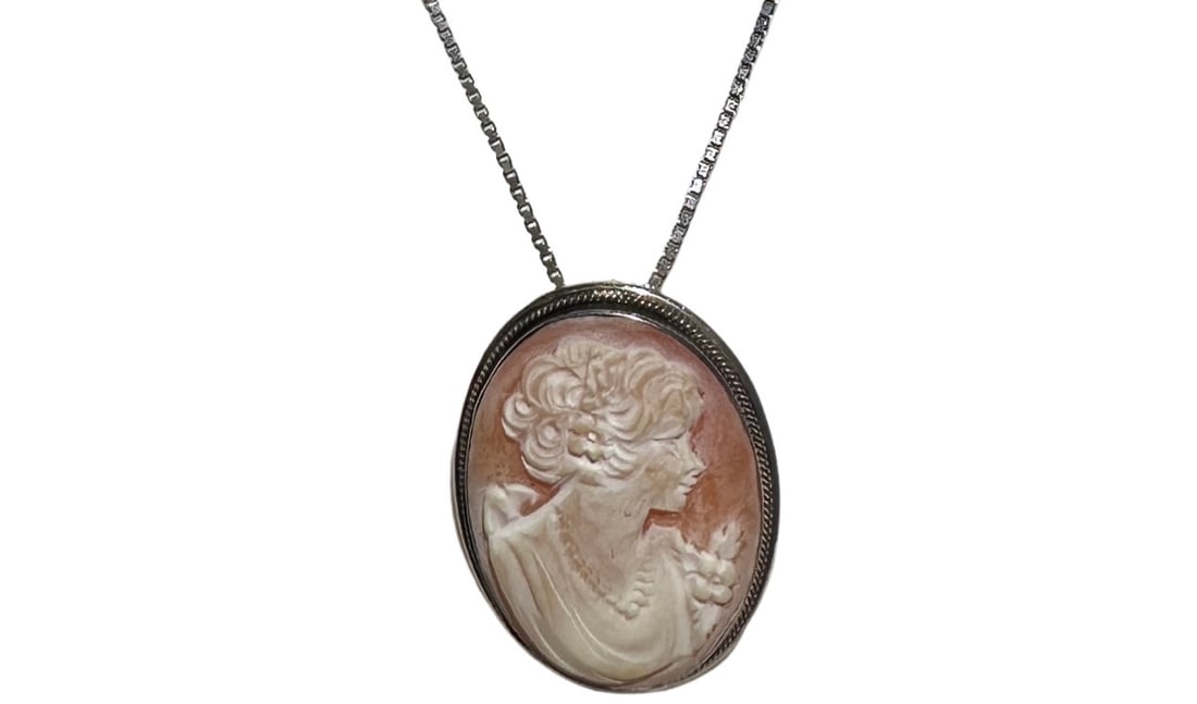 Italian Antique hand carved shell cameo, on sterling Silver Chain Pendant/Pin marked 925 Italy: Antique hand carved shell cameo, on sterling Silver Chain 925 Italy Pendant/pin chain measurements in photos cameo:1"Hx1"W **IN HOUSE SHIPPING offered on this lot