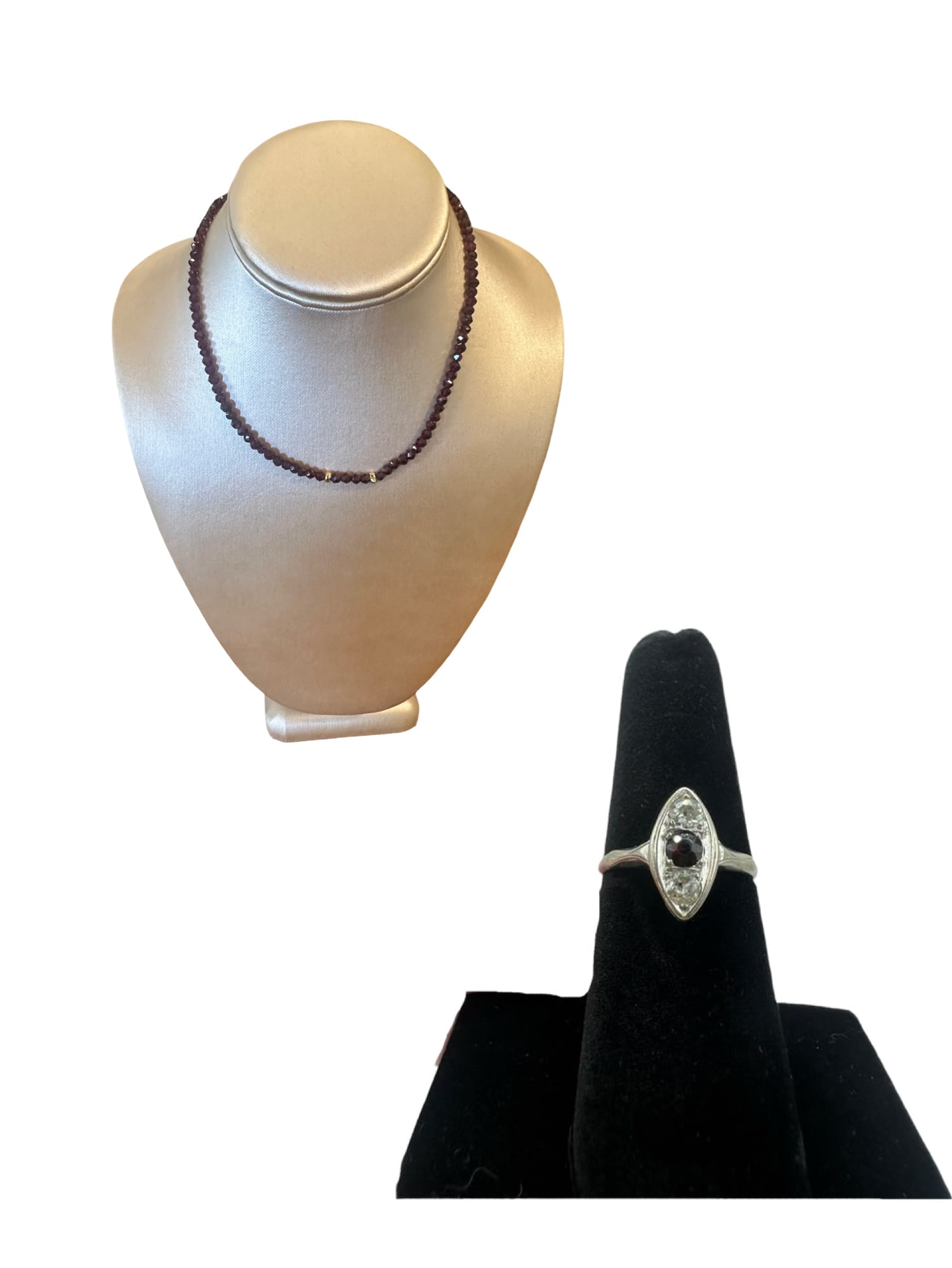 Ruby Necklace choker marked 585 and Art Deco 14K Gold Ring with Ruby and Diamonds: Ruby Necklace choker marked 585. art deco With a 14K gold ring with ruby and two diamonds in center. Measurements: ring size 6. Necklace clasped 7.5” length. 4.30mm width of one ruby. Weight: 13