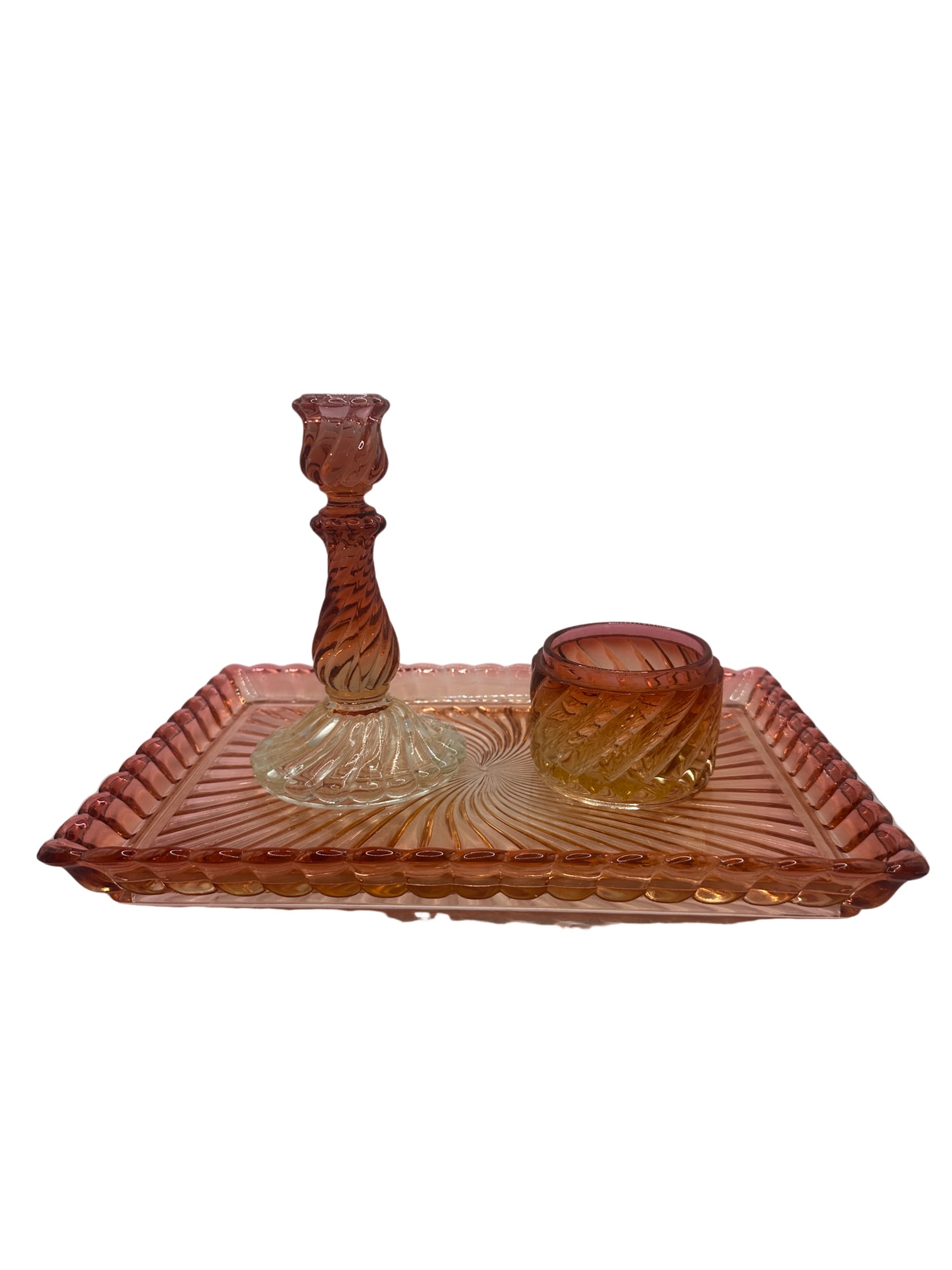 Baccarat Amberina Glass Vanity Set: beautiful Baccarat Amberina Glass Vanity Set the tray molded "Baccarat Depose" mark to undersides Candle stick:7.25Hx4”W Bowl:2.75”Hx 3.3”W Tray:9.25”Hx13”W **SHIPPING on
