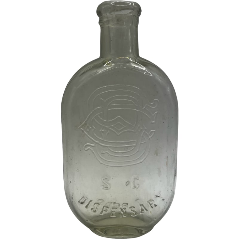 Early South Carolina Dispensary Bottle Embossed P. Bros Iridescent: Collectible early South Carolina dispensary bottle. Back of bottle embossed P. Bros. Iridescent glass bottle. Measurements: 6.75” H x 4” L x 1.5” D Weight: 7.82 oz **IN HOUSE SHIPPIN