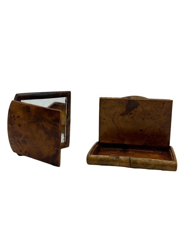 Antique Russian Karelian Burl Wood Cigarette Case And Compact Mirror: Antique Russian burl wood presentation cigarette case with a hidden seamless hinge and burl wood compact mirror. Measurements: Cigarette case- 2.25"D x 3"L Compact mirror- 2.5"D x 2.75"L *In house shi