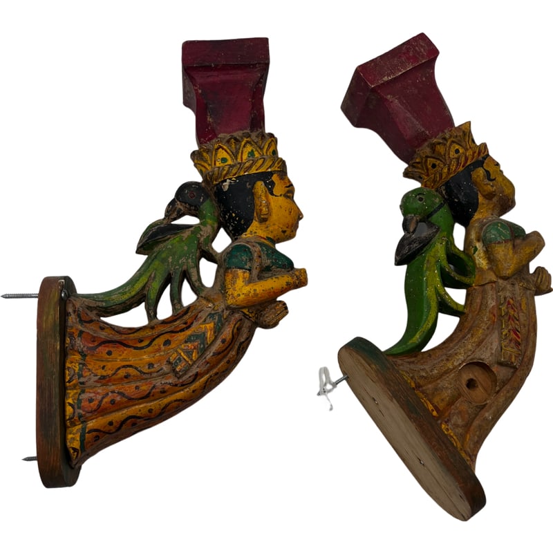 Pair of Vintage Wooden Figure Wall Decor, curtain/towel Rod Holder Celestial India: Charming pair of wooden figure wall decor/curtain rod holder with birds. Measurements: 16"H x 4"L of base x 10"D **IN HOUSE SHIPPING offered on this lot