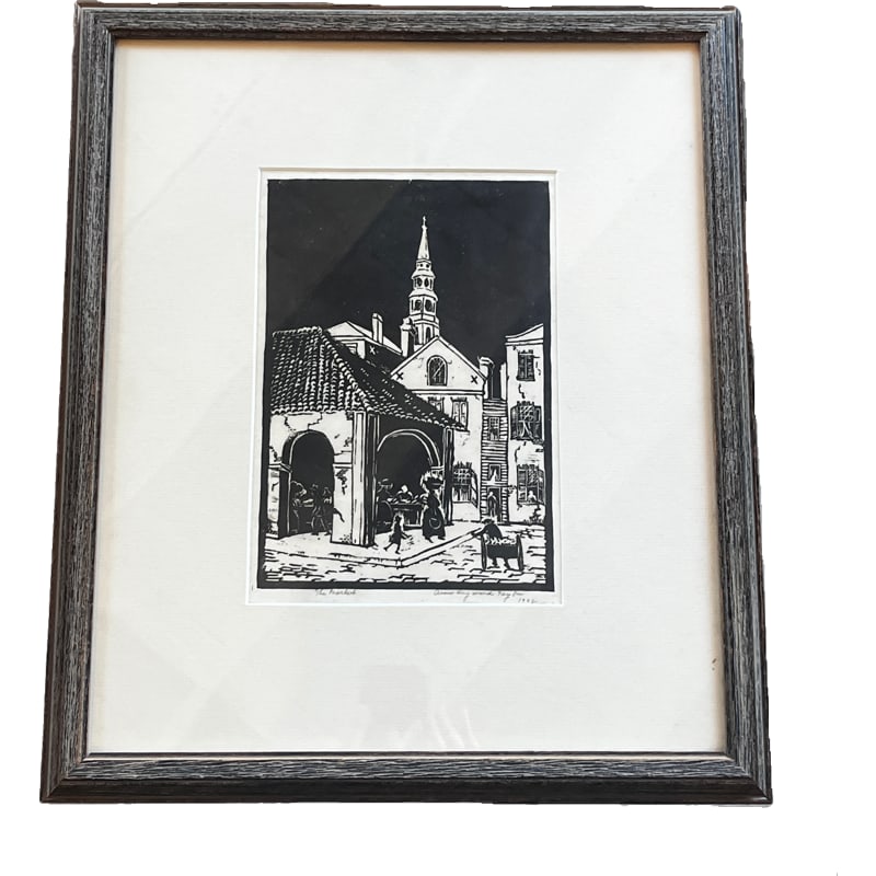 Charleston, SC artist Anna Heyward Taylor "The Market": (Charleston, South Carolina, 1879-1956)The Market signed lower right "Anna Heyward Taylor", woodblock on paper, 14-1/2 x 10-1/2 in.; original black-painted frame Provenance: Private Charleston Collect