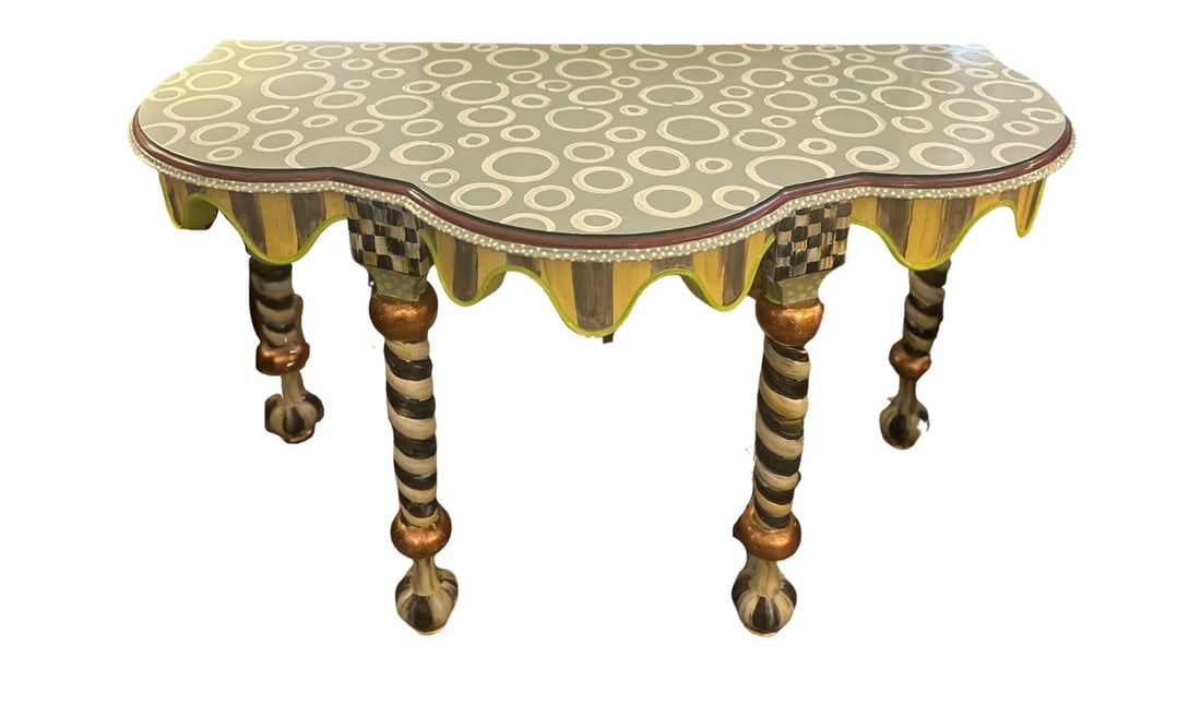 MacKenzie-Childs Shore Demilune Table: MacKenzie-Childs Shore Demilune Table 32"H 53"W 26"D **SHIPPING on this item offered through, UPS 843-203-3466- store7194@theupsstore.com -Pak Mail 843-849-0310- info@charlestonshipping.com. Please co